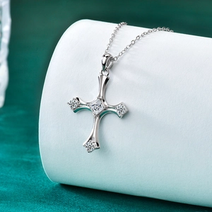 S925 sterling silver cross pendant necklace with square-cut moissanite on white display