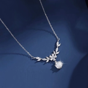 Moissanite S925 sterling silver floral necklace with marquise zircons and round pendant