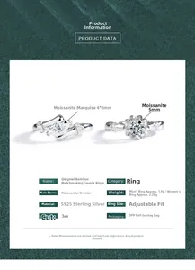 Detail of S925 silver couple rings featuring D-color moissanite in marquise and round cuts