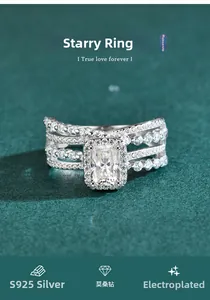 Macro shot of S925 sterling silver multilayer ring with a large rectangular moissanite stone