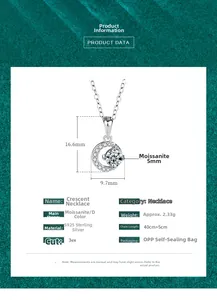 Detailed spec view of S925 sterling silver moon necklace with 5mm D color moissanite