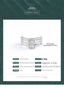 Detailed specs of S925 sterling silver ring with 5x7mm D-color moissanite center stone