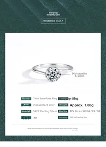 Detailed spec card for S925 sterling silver twist snowflake ring with 6.5mm moissanite