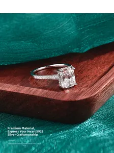 Makroaufnahme von S925 Sterlingsilber Ring mit großem Moissanit im Radiantschliff