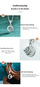 Macro detail of Moissanite crescent moon pendant with silver prong setting and high polish