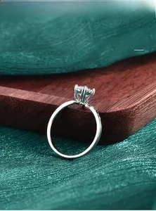 Macro detail of classic six-prong solitaire ring with polished plating on silver band
