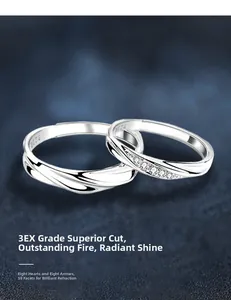 Detail of S925 silver couple rings with twisted rope design and 3EX cut moissanite