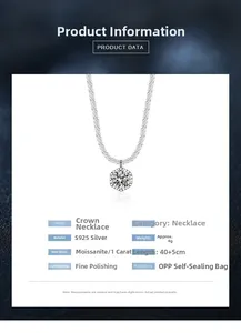 Detailed view of S925 sterling silver crown necklace with 1ct moissanite pendant