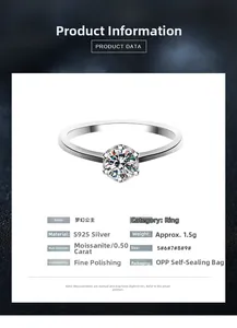 Detailed specs of S925 sterling silver ring with 0.5ct moissanite classic 6-prong setting