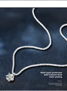 Macro detail of crown six-prong moissanite necklace with durable silver plating finish