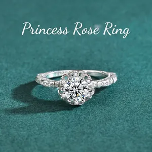 Bague Fleur de Rose Princesse en Argent Sterling 925 Moissanite Design Creux Vintage Bague de Fiançailles pour Mariage Femme Bijoux Cadeau