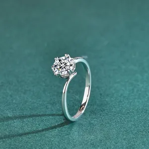 Elegant S925 Sterling Silver Moissanite Ring For Women Twisted Bypass Band Six Claw Snowflake Engagement Wedding Ring Jewelry