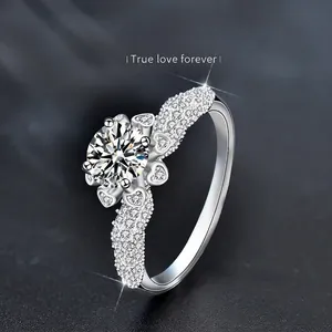 Bague en Argent Sterling 925 avec Moissanite pour Femme Alliance Forme de Fleur Coeur Bijoux Fiançailles Moissanite Ronde