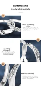 Detail of S925 sterling silver moissanite ring with four-prong setting and polished finish