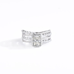 Radiant Moissanite S925 silver ring featuring a rectangular halo center and multi-layered bands