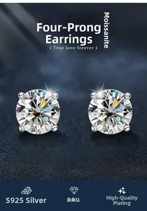 Detailed macro view of S925 sterling silver four-prong moissanite stud earring