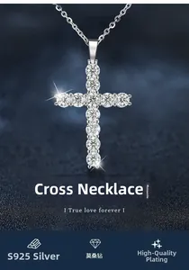 Close-up of S925 sterling silver cross pendant featuring sparkling moissanite stones