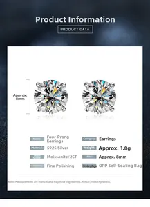 Detailed specs of S925 sterling silver 2CT moissanite classic four-prong stud earrings