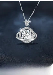 Detailed macro view of S925 silver planet pendant necklace featuring Moissanite stone