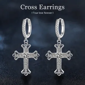 925 Sterling Silver Moissanite Cross Hoop Dangle Earrings For Women Trendy Elegant Religious Jewelry Wedding Party Anniversary