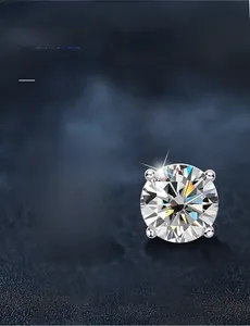 Detailed view of Moissanite earrings with 3EX round cut and classic four-prong silver setting