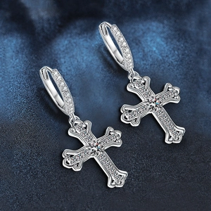 925 silver cross hoop earrings with sparkling stones and vintage engraved details