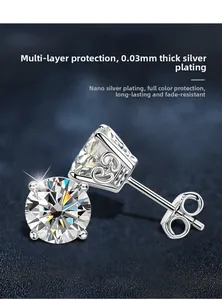 Macro detail of 925 silver stud earring showing 0.03mm plating and round cut stone