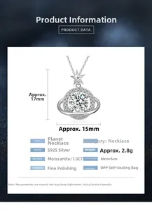 Macro detail of S925 silver planet necklace with 1.0CT moissanite stone measurements