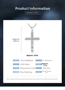 Detailed product dimensions for the 925 sterling silver cross necklace with moissanite