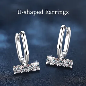 925 Sterling Silver Moissanite U Shaped Stud Earrings For Women Minimalist Korean Style White Gold Inlaid Rhinestone Jewelry Gift