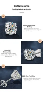 Detailed views of moissanite earrings showing 4-prong setting and polished S925 silver