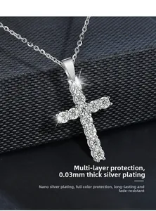 Detail of 925 silver cross necklace featuring 0.03mm nano-plated durable coating