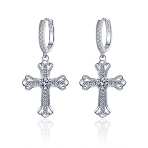925 sterling silver hoop earrings with moissanite cross pendant and vintage lace detail