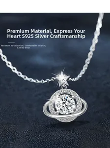 Detailed view of S925 silver planet pendant with round-cut moissanite on blue background