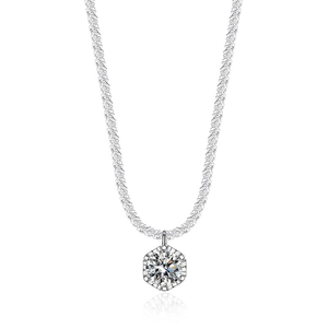 Elegant crown six-prong moissanite sterling silver necklace with sparkling center stone