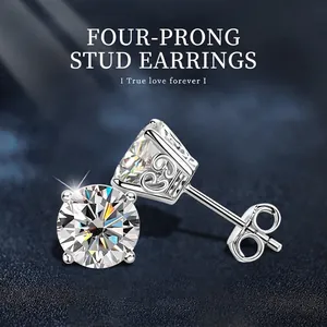 925 Sterling Silver Four-Claw Moissanite Stud Earrings Round Brilliant Cut Luxury Elegant Fashion Jewelry For Women Gift