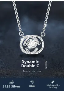 Macro shot of S925 silver double-circle pendant featuring a brilliant moissanite stone