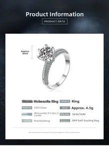 Detailed specifications for 2ct D-color moissanite ring with S925 sterling silver band