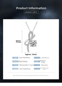 Detailed size specifications for S925 silver bow necklace with 1 carat moissanite