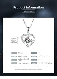 Tableau de tailles détaillé pour collier cœur en argent S925 Moissanite couleur D