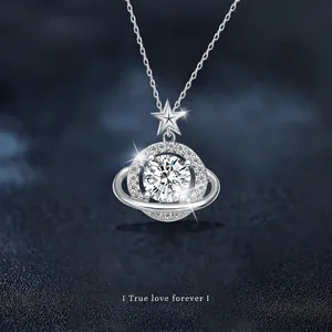 Planet Saturn Pendant Necklace 925 Sterling Silver Moissanite For Women Luxury Star Clavicle Chain Jewelry Gift