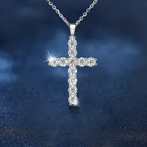 925 Sterling Silver Moissanite Cross Pendant Necklace For Women Elegant Rhodium Plated Chain Minimalist Fashion Jewelry