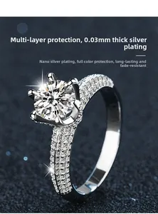 Detail of six-prong moissanite ring with 0.03mm silver plating and side accent stones