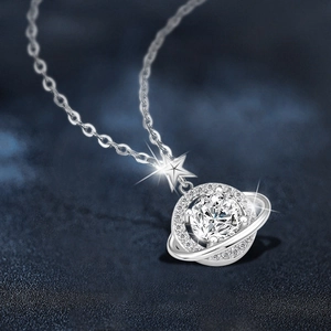S925 silver moissanite Saturn planet necklace with star pendant on a blue starry background