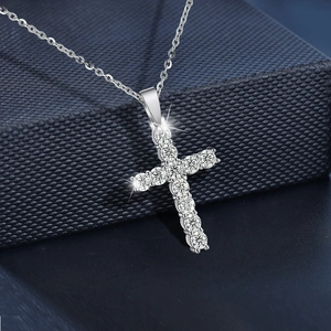 Classic 925 sterling silver cross pendant necklace with sparkling moissanite stones