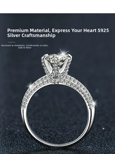 Macro shot of S925 sterling silver ring with six-prong moissanite and micro-pave diamonds