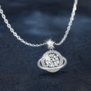 Moissanite 925 silver Saturn planet necklace with star pendant on a starry blue background