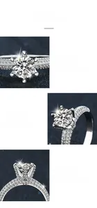 Macro details of six-prong moissanite ring with side stones on 925 silver band