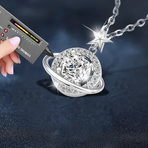 Moissanite Saturn pendant necklace in 925 silver tested with a diamond selector tool
