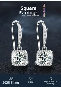 Close-up of S925 sterling silver square moissanite stud earrings with sparkling halo detail
